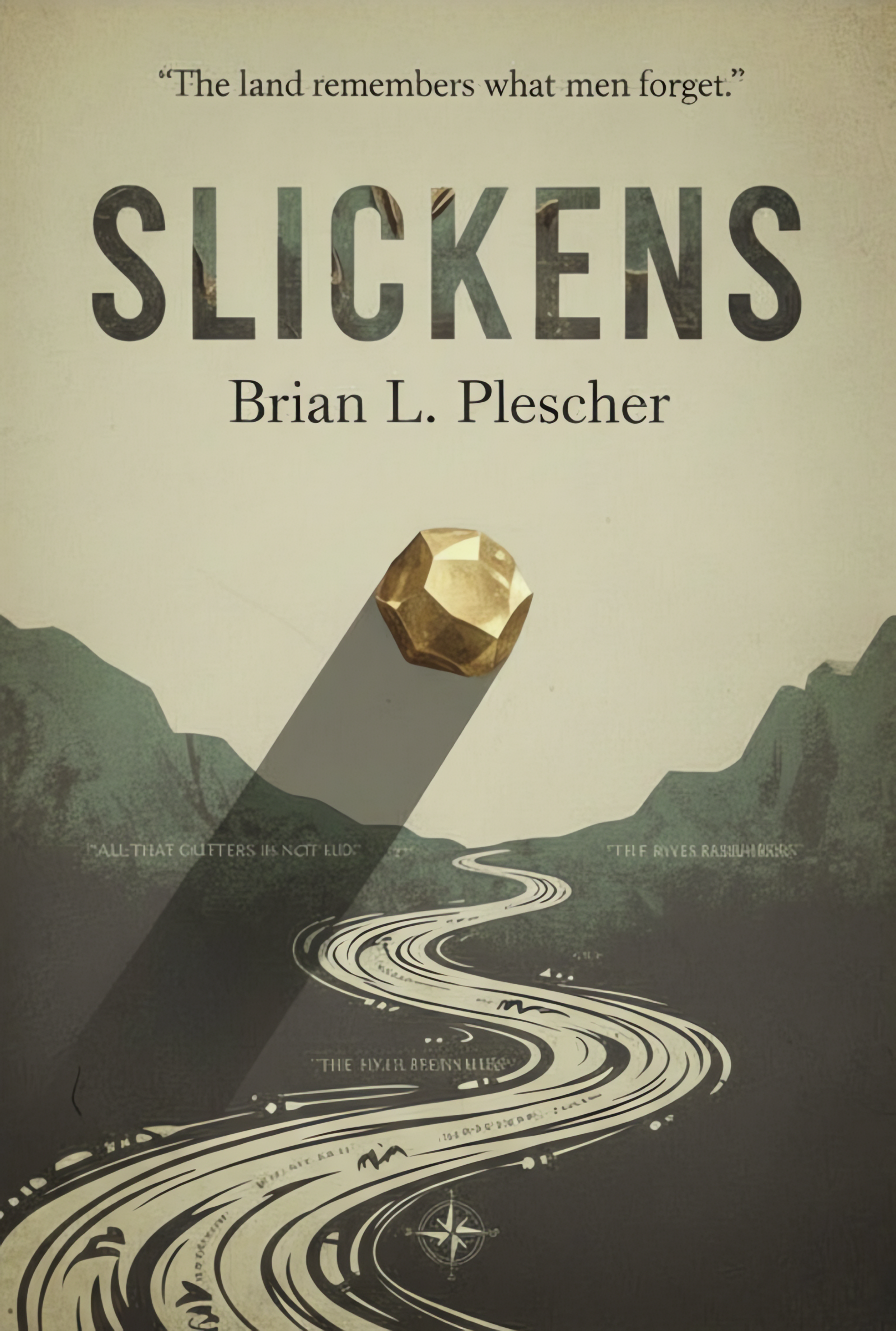 Book cover for Slickens by Brian L. Plescher: 1880s California landscape, muted gold and gray